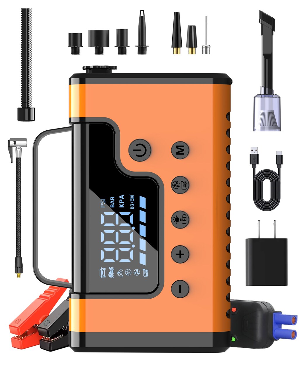 Vehicle Jump Starter w/Air Compressor, Vacuum Cleaner, Blower, Power Bank, Flashlight/SOS/Strobe, more!